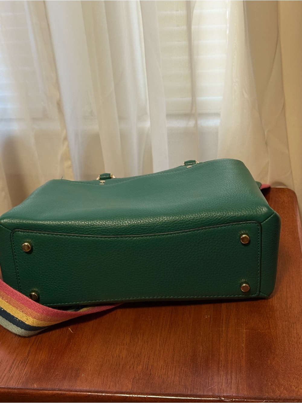 COACH Green Leather Satchel with Rainbow Striped Strap - Picture 6 of 11